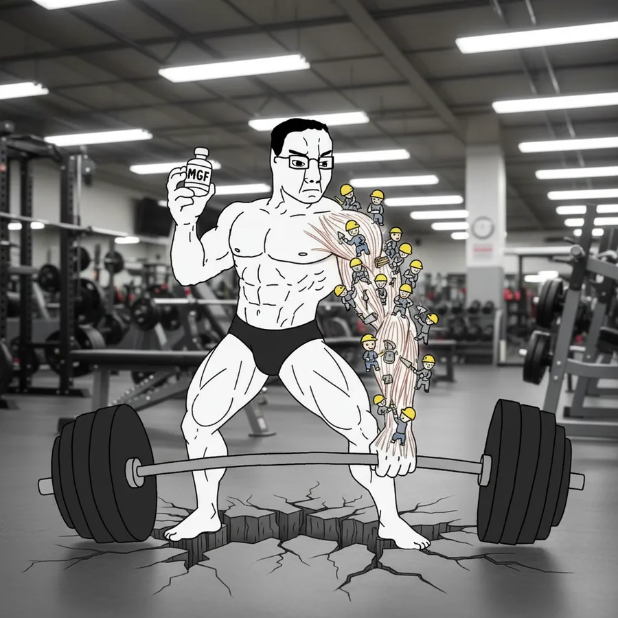 MGF drawn as a wojak meme: the muscle writes its own repair order